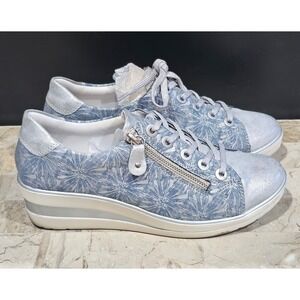 Remonte‎ Soft Leather Floral Print Wedge Sneakers Silver Blue Size 38